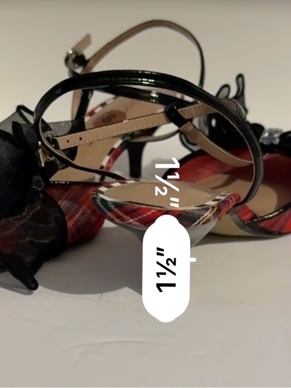 Betsey Johnson Red Tartan Pointed T-Strap Heels with Black Ruffle - Picture 8 of 8